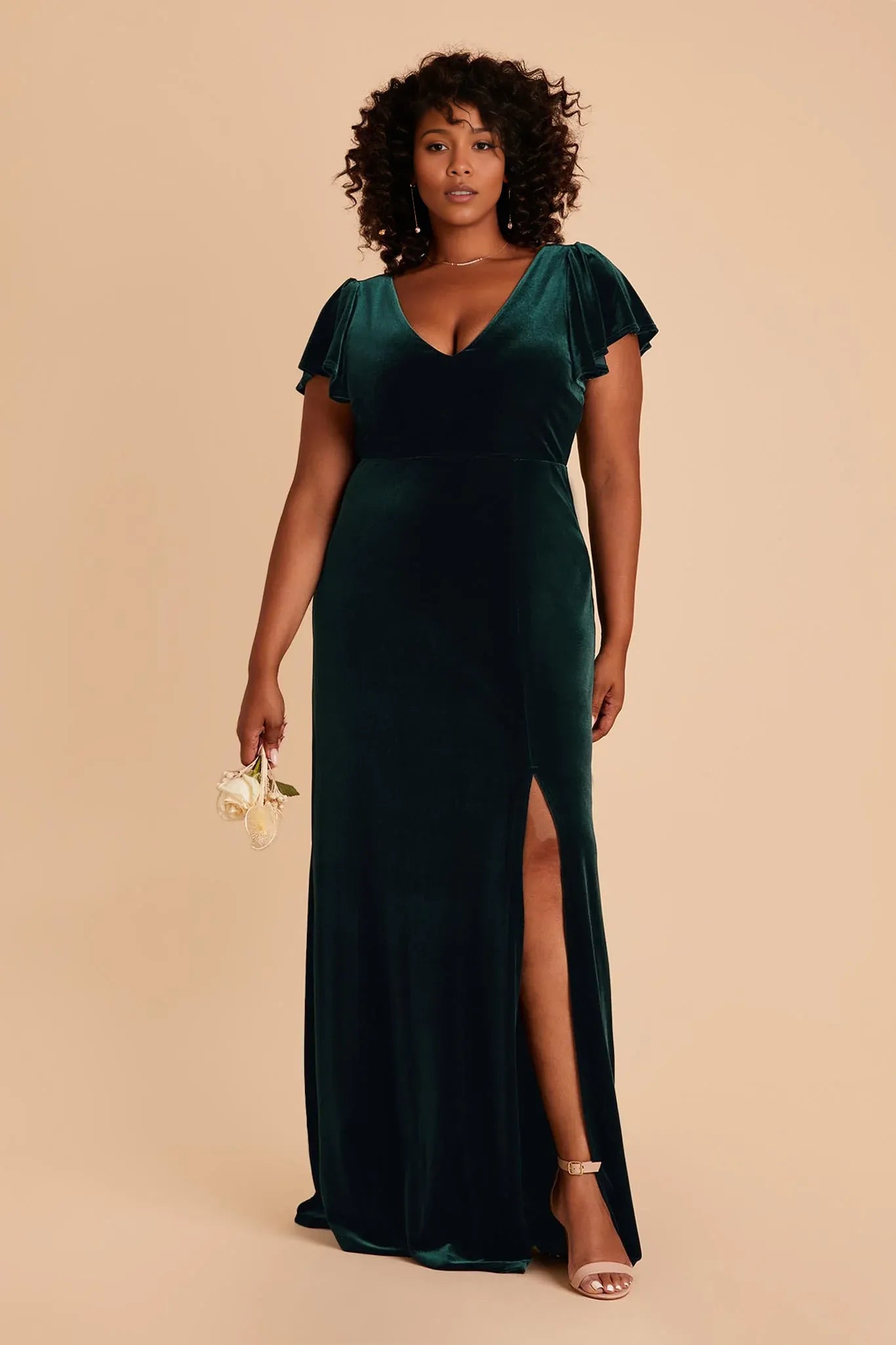 Glamorous Empire V Neck Flutter Sleeve Velvet Slit Maxi Bridesmaid Dress