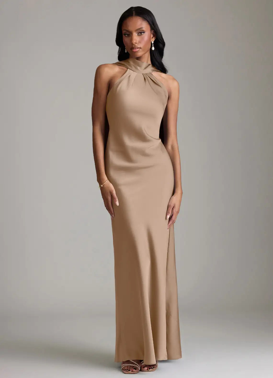 Glamorous Halter Bridesmaid Dresses with Satin Sash Detail, Low Back Design and Lustrous Satin Maxi Silhouette Formal Gown