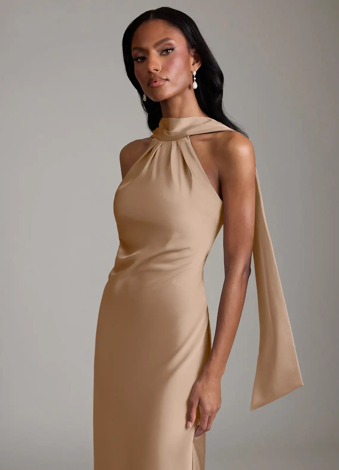 Glamorous Halter Bridesmaid Dresses with Satin Sash Detail, Low Back Design and Lustrous Satin Maxi Silhouette Formal Gown