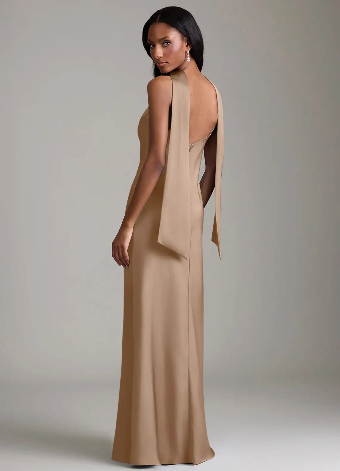 Glamorous Halter Bridesmaid Dresses with Satin Sash Detail, Low Back Design and Lustrous Satin Maxi Silhouette Formal Gown