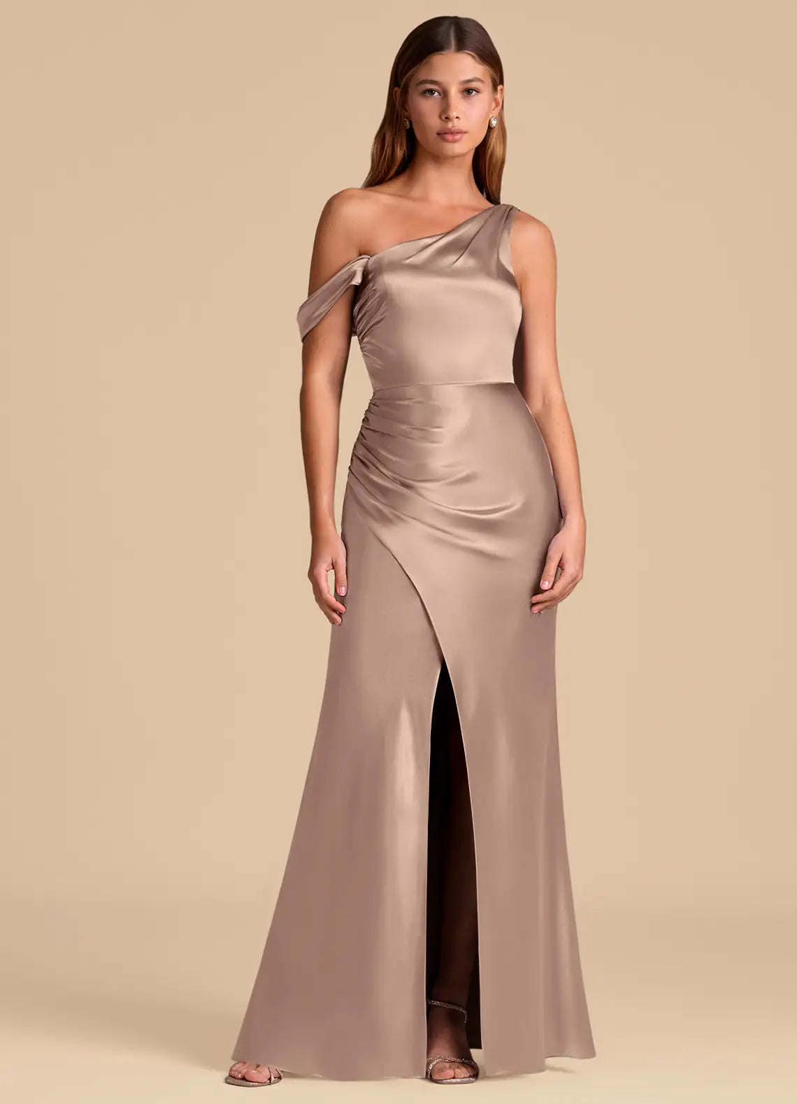 Glamorous One-Shoulder Bridesmaid Dresses with Draped Detail, Ruched Waist, Daring High Slit and Lustrous Satin Maxi Silhouette Formal Gown
