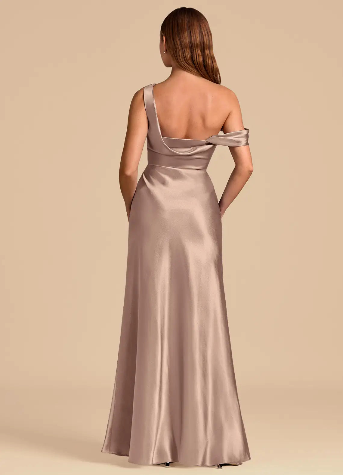 Glamorous One-Shoulder Bridesmaid Dresses with Draped Detail, Ruched Waist, Daring High Slit and Lustrous Satin Maxi Silhouette Formal Gown
