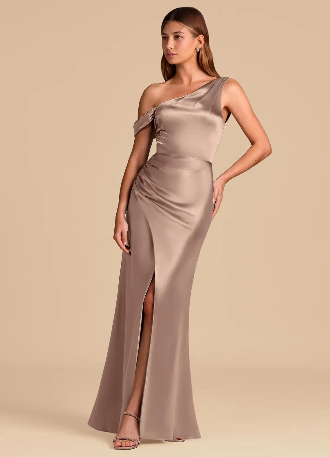 Glamorous One-Shoulder Bridesmaid Dresses with Draped Detail, Ruched Waist, Daring High Slit and Lustrous Satin Maxi Silhouette Formal Gown