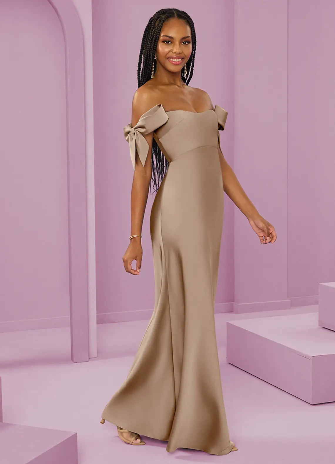 Glamorous Taupe Satin Bridesmaid Dresses with Off-the-Shoulder Bow Sleeves, Mermaid Silhouette and Open Back