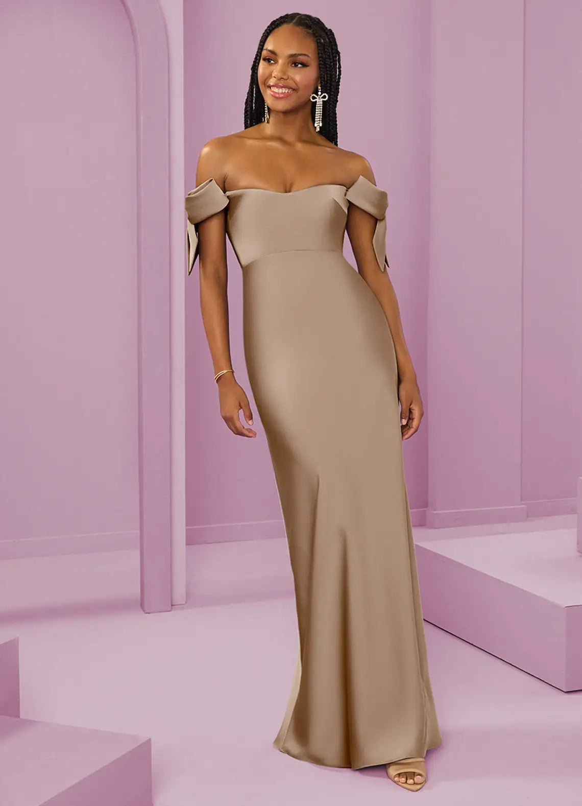 Glamorous Taupe Satin Bridesmaid Dresses with Off-the-Shoulder Bow Sleeves, Mermaid Silhouette and Open Back