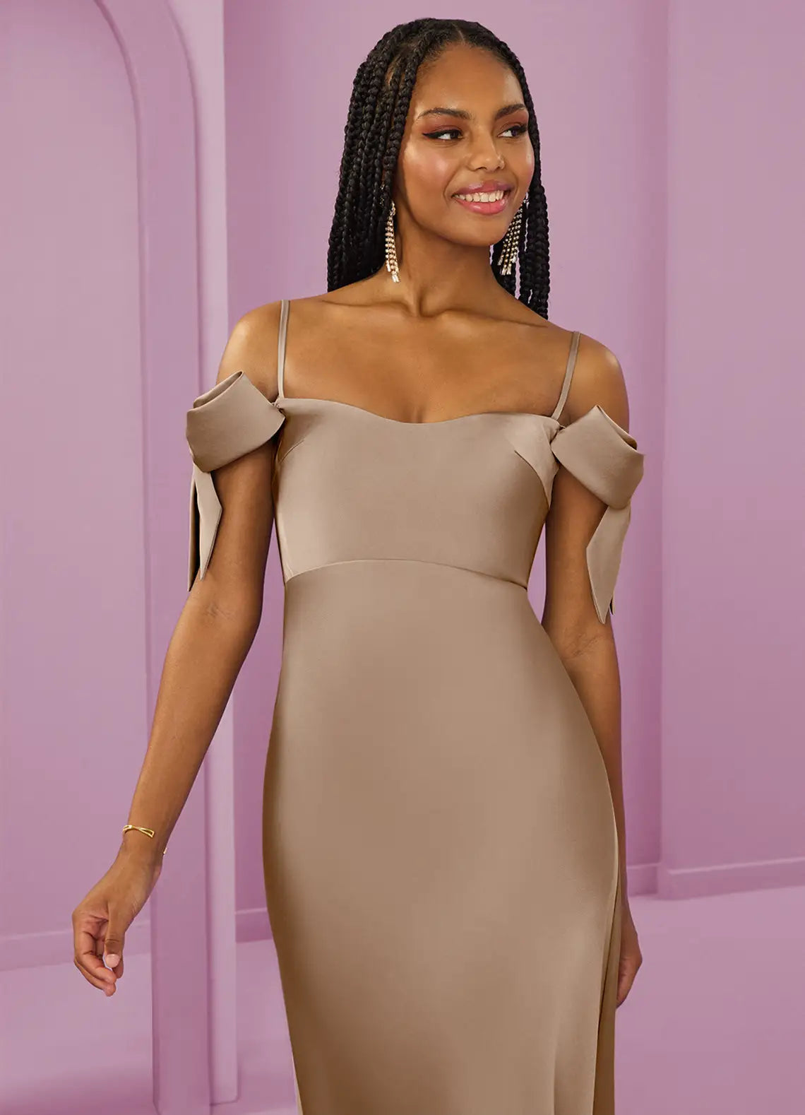 Glamorous Taupe Satin Bridesmaid Dresses with Off-the-Shoulder Bow Sleeves, Mermaid Silhouette and Open Back