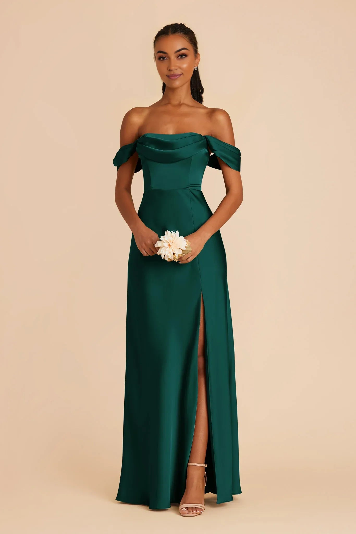 Glamorous A-Line Off the Shoulder Sleeveless Satin Pleated Maxi Bridesmaid Dress