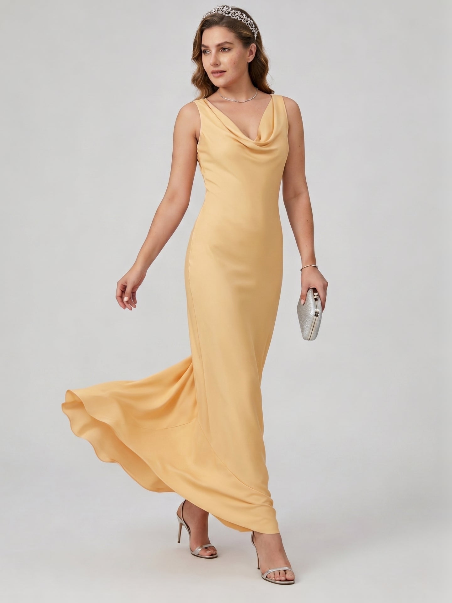 Simple Gold Matte Satin A-Line Cowl Neck Backless Ankle-Length Bridesmaid Dress