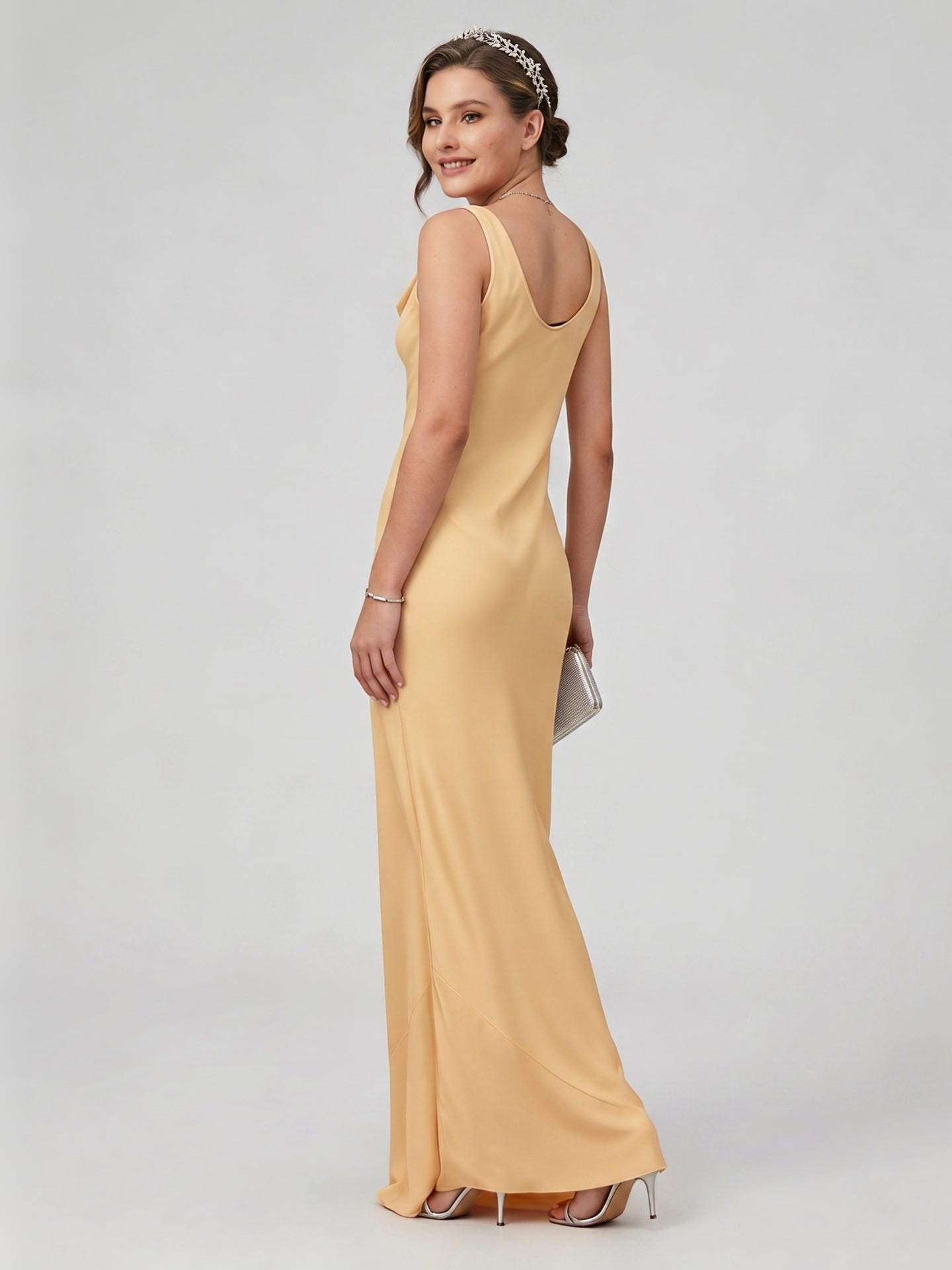Simple Gold Matte Satin A-Line Cowl Neck Backless Ankle-Length Bridesmaid Dress