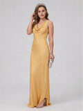 Simple Gold Matte Satin A-Line Cowl Neck Backless Ankle-Length Bridesmaid Dress