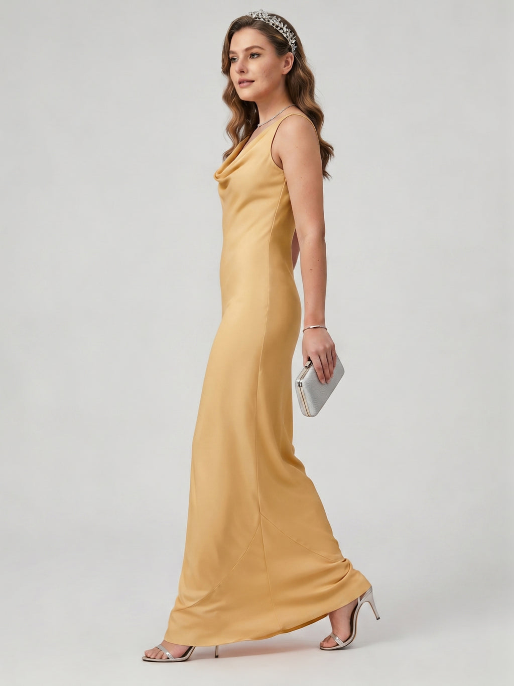 Simple Gold Matte Satin A-Line Cowl Neck Backless Ankle-Length Bridesmaid Dress