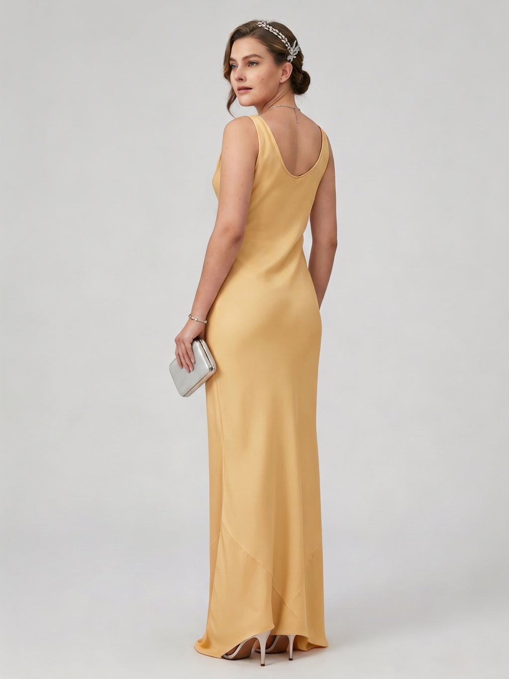 Simple Gold Matte Satin A-Line Cowl Neck Backless Ankle-Length Bridesmaid Dress