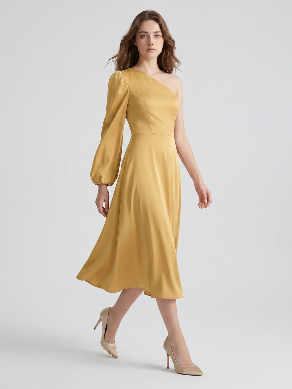 Gold Matte Satin A-Line One Shoulder Tea-Length Bridesmaid Dress