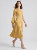 Gold Matte Satin A-Line One Shoulder Tea-Length Bridesmaid Dress