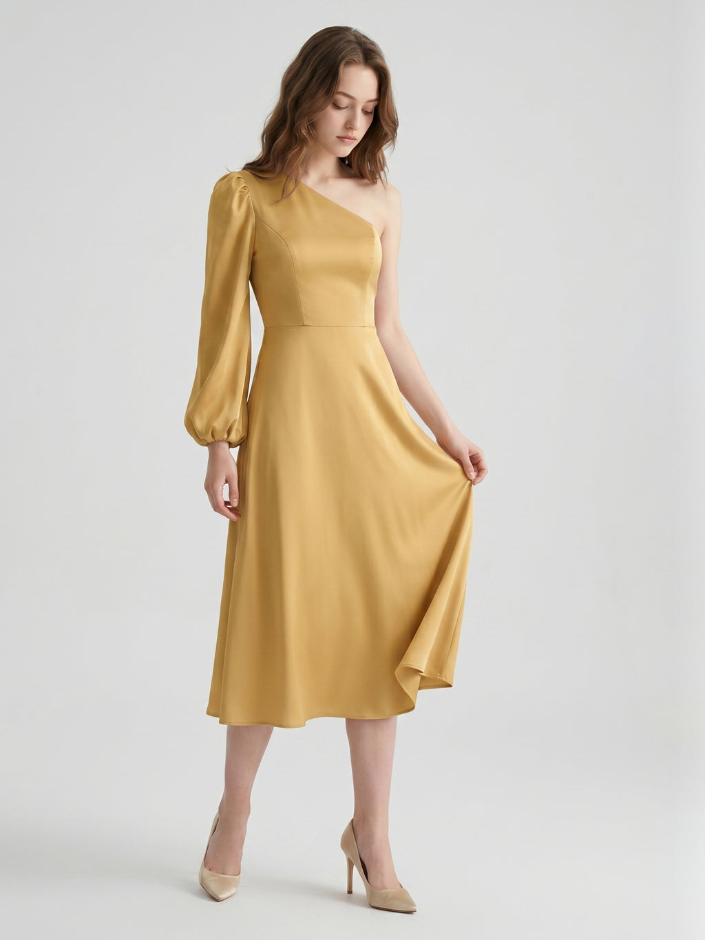 Gold Matte Satin A-Line One Shoulder Tea-Length Bridesmaid Dress