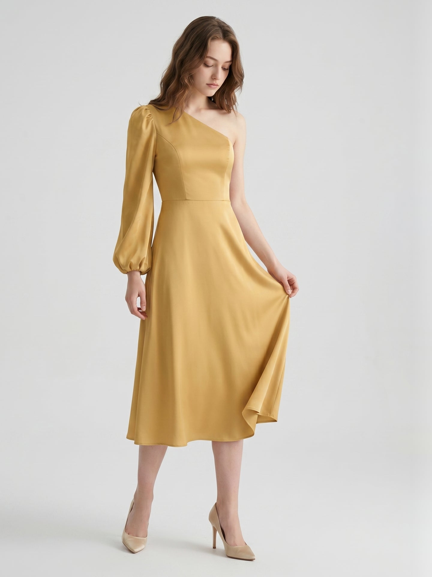 Gold Matte Satin A-Line One Shoulder Tea-Length Bridesmaid Dress