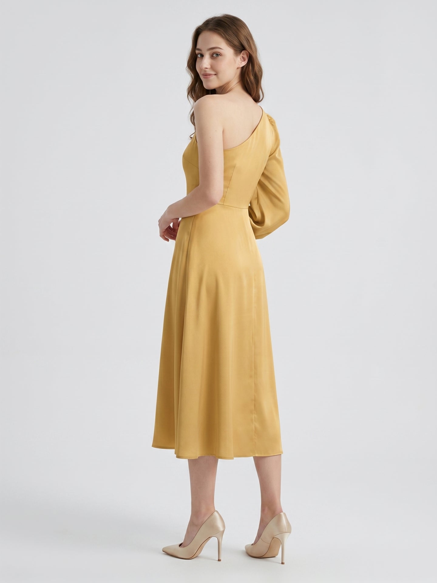 Gold Matte Satin A-Line One Shoulder Tea-Length Bridesmaid Dress