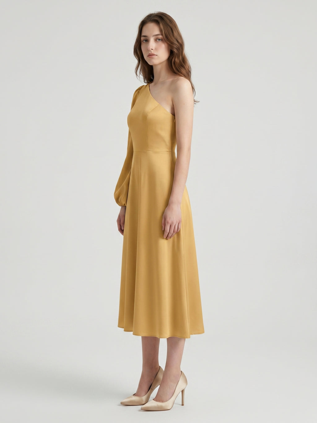 Gold Matte Satin A-Line One Shoulder Tea-Length Bridesmaid Dress