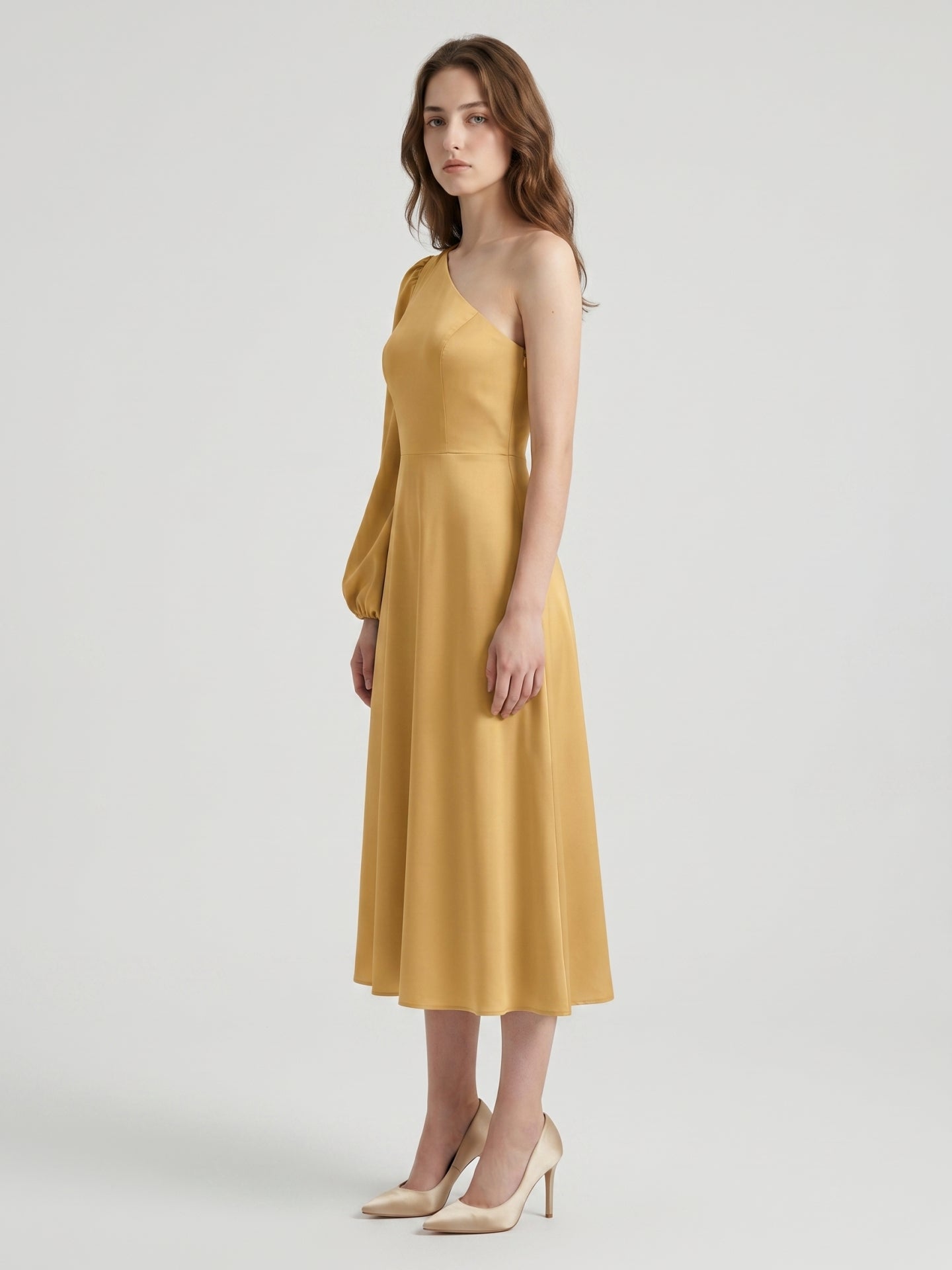Gold Matte Satin A-Line One Shoulder Tea-Length Bridesmaid Dress