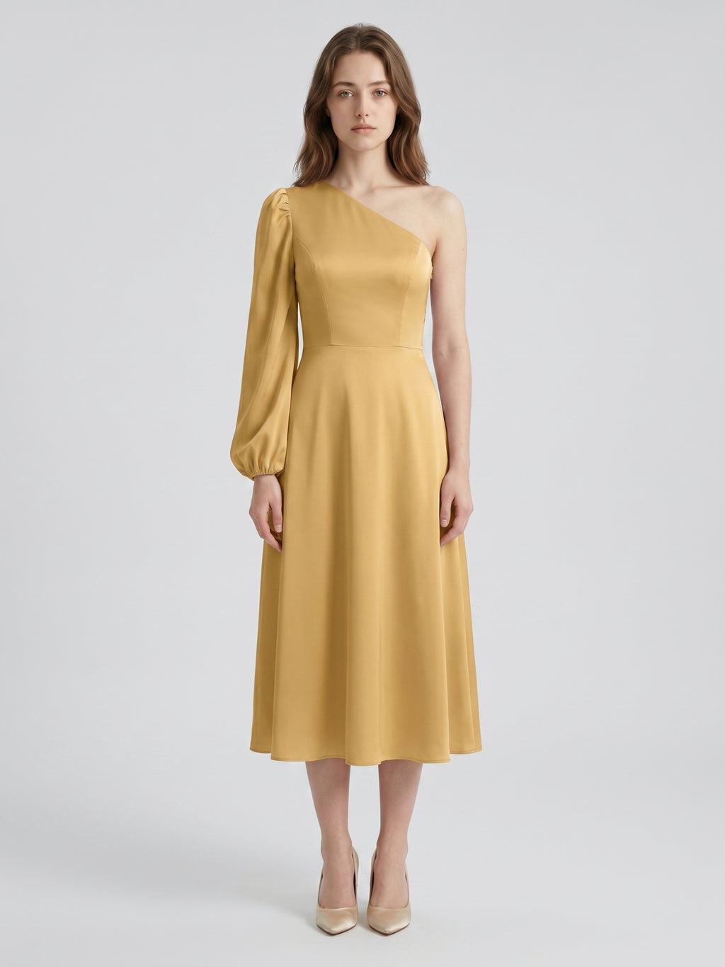 Gold Matte Satin A-Line One Shoulder Tea-Length Bridesmaid Dress