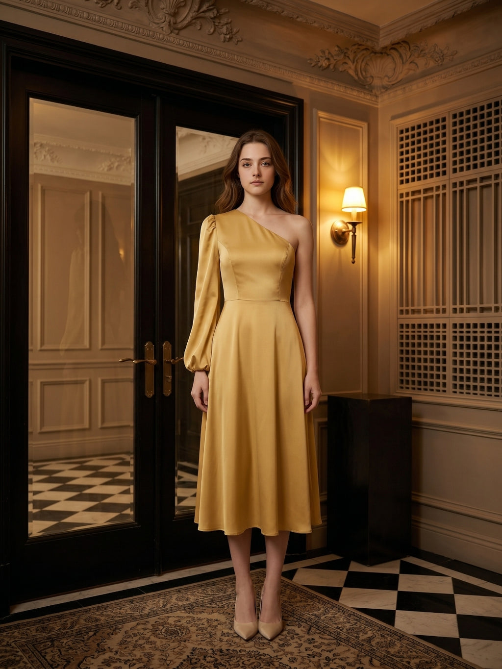 Gold Matte Satin A-Line One Shoulder Tea-Length Bridesmaid Dress