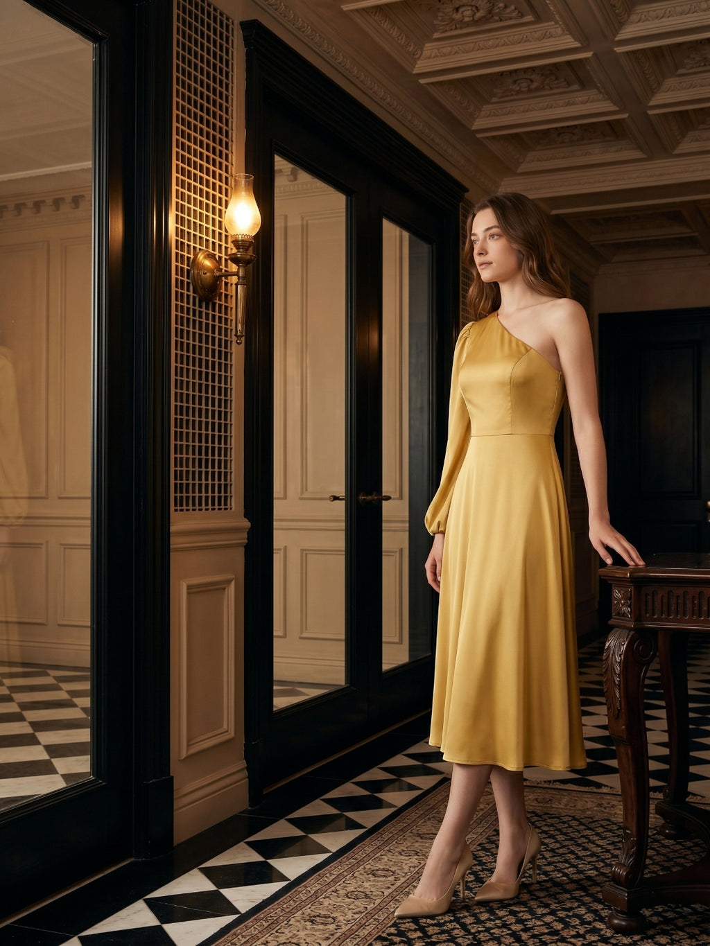 Gold Matte Satin A-Line One Shoulder Tea-Length Bridesmaid Dress
