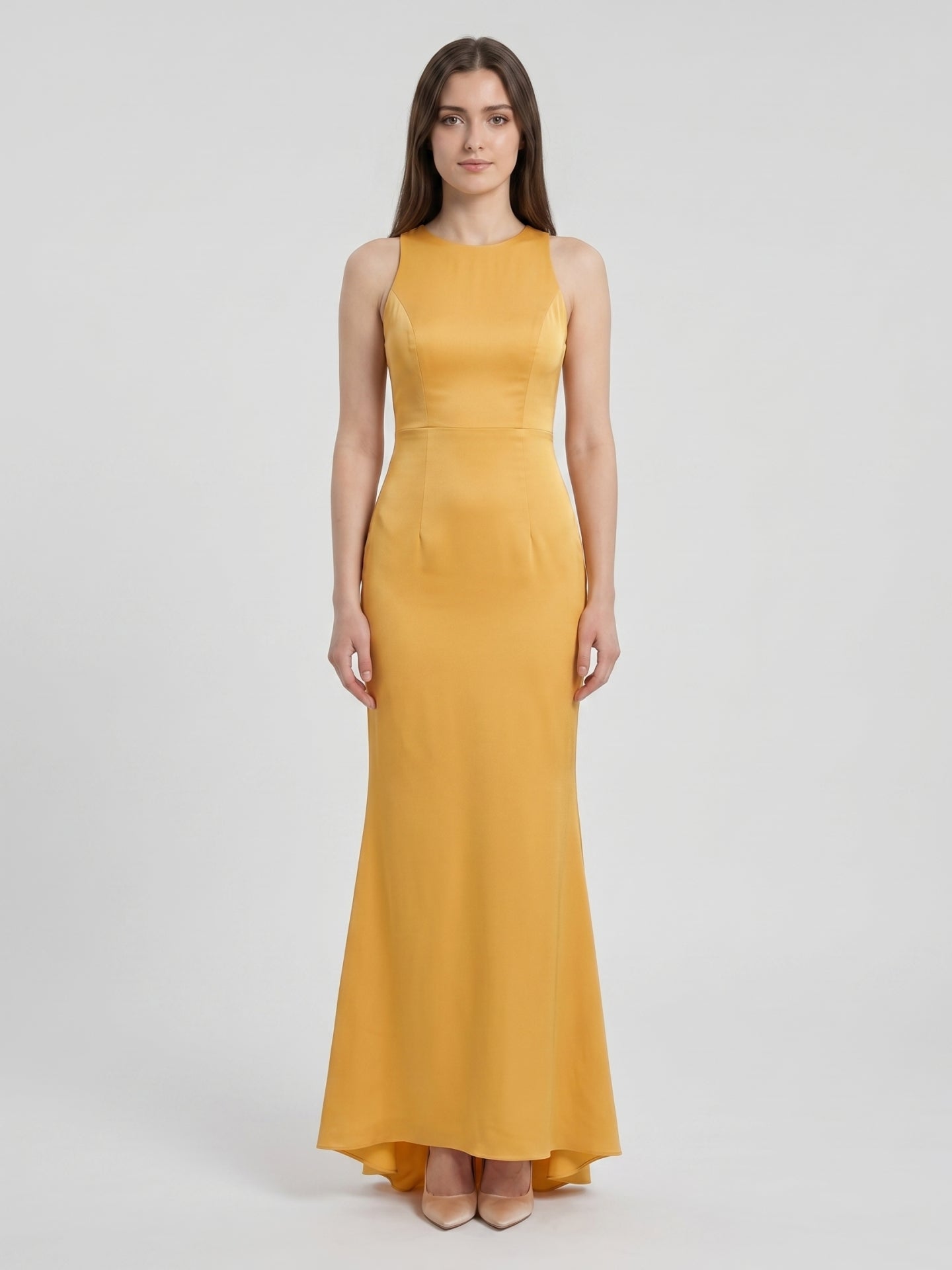 Gold Matte Satin Trumpet Scoop Neck Backless Bridesmaid Dress
