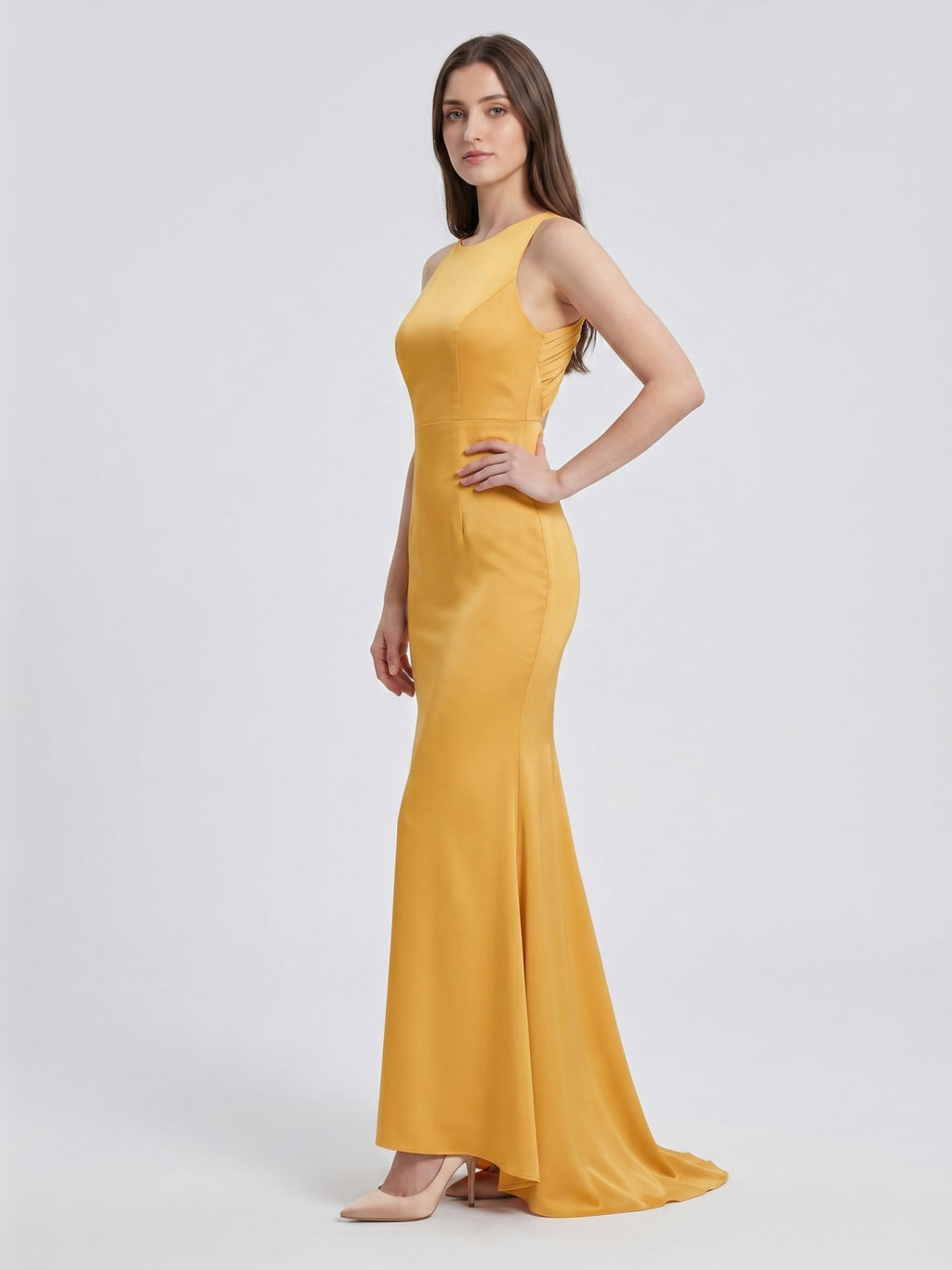 Gold Matte Satin Trumpet Scoop Neck Backless Bridesmaid Dress