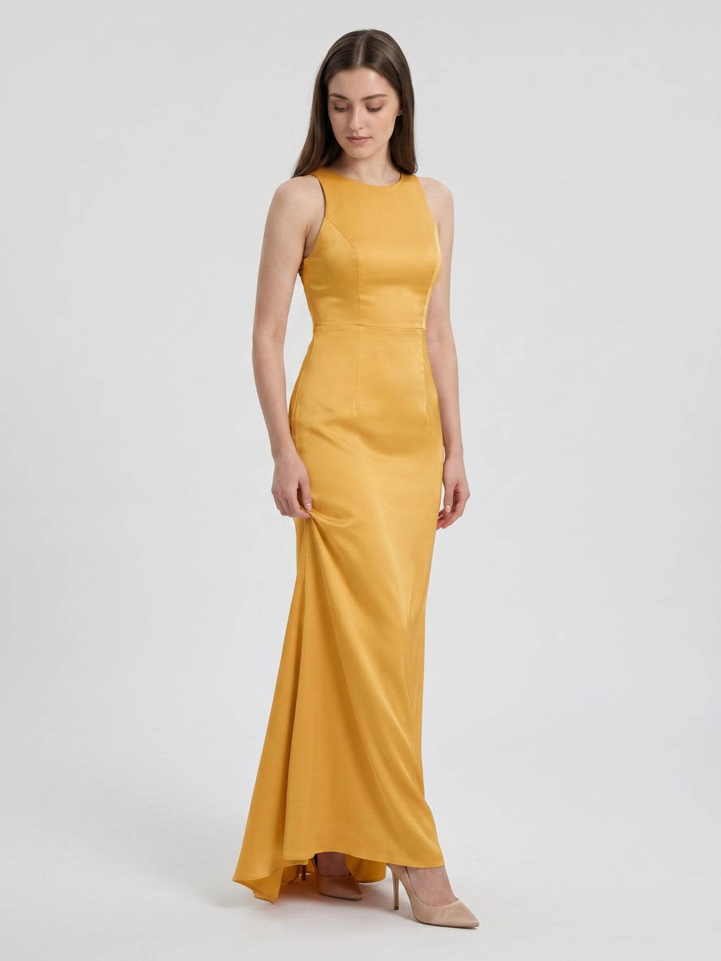 Gold Matte Satin Trumpet Scoop Neck Backless Bridesmaid Dress
