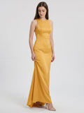 Gold Matte Satin Trumpet Scoop Neck Backless Bridesmaid Dress