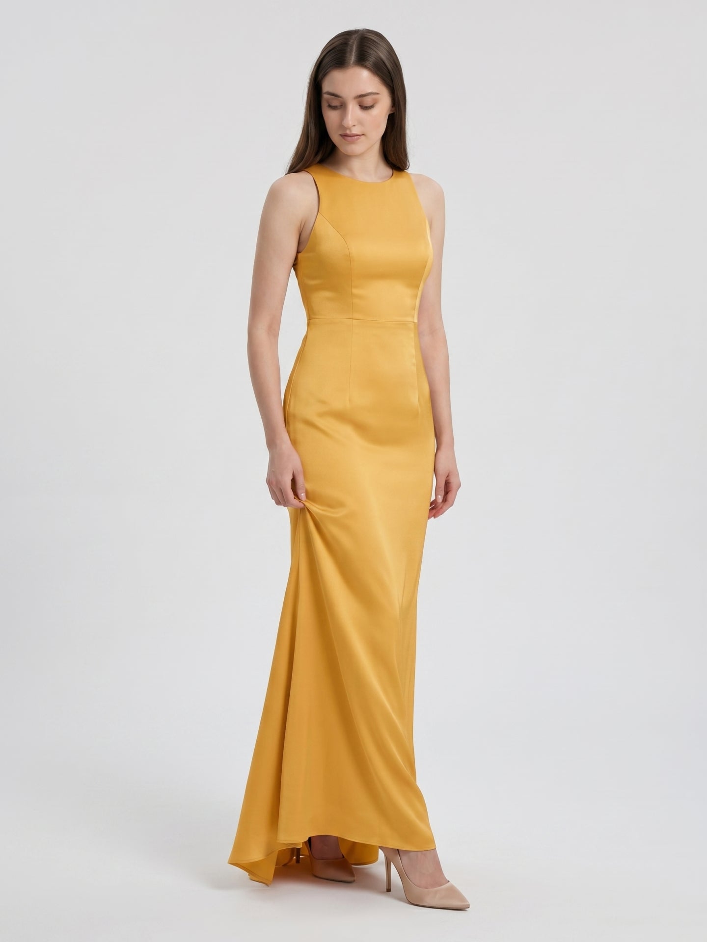 Gold Matte Satin Trumpet Scoop Neck Backless Bridesmaid Dress