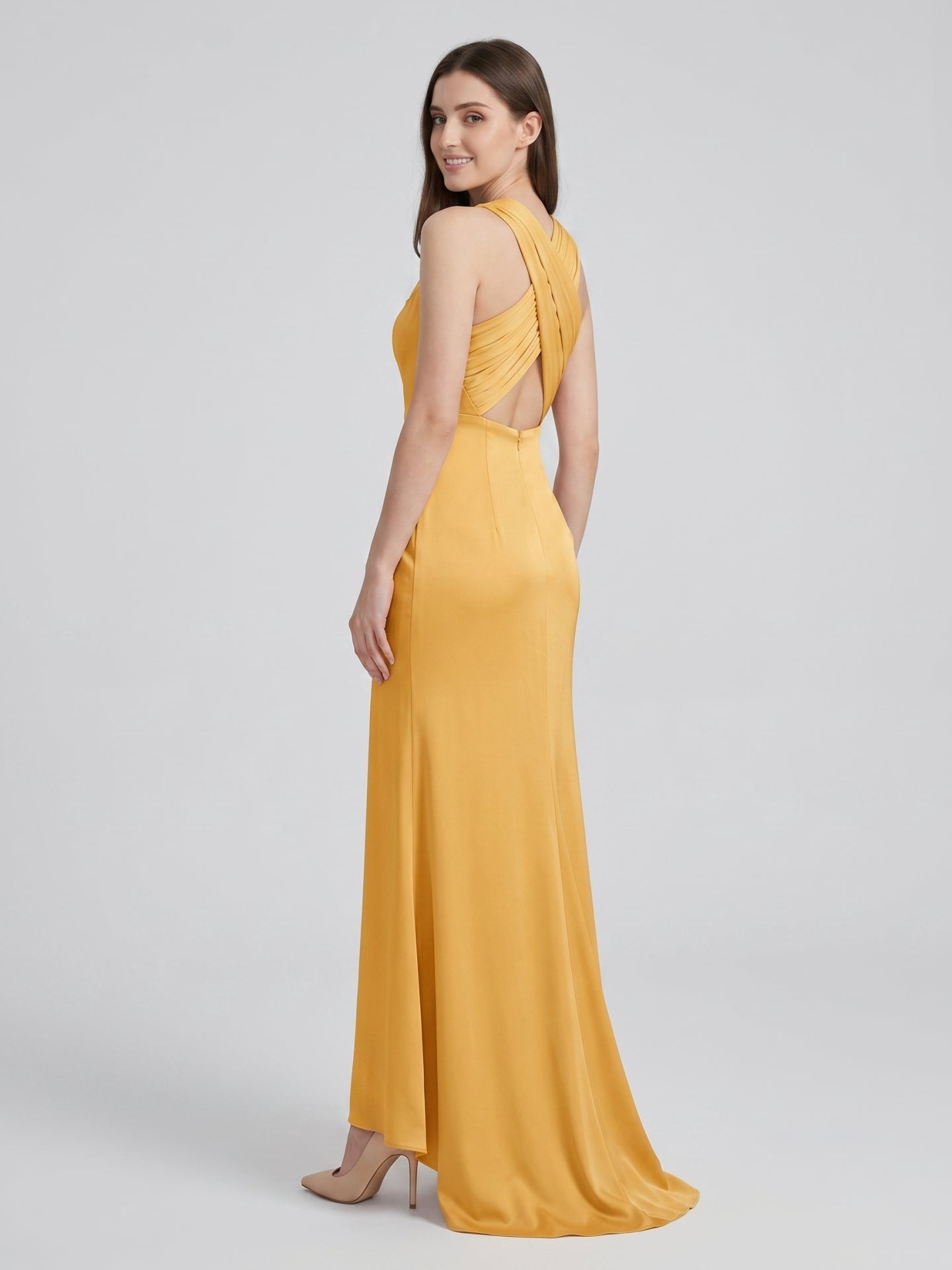 Gold Matte Satin Trumpet Scoop Neck Backless Bridesmaid Dress