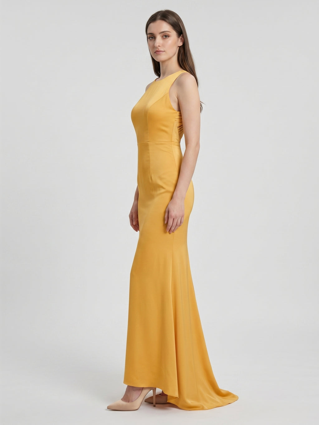 Gold Matte Satin Trumpet Scoop Neck Backless Bridesmaid Dress