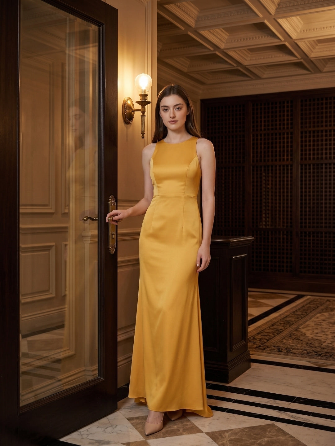 Gold Matte Satin Trumpet Scoop Neck Backless Bridesmaid Dress