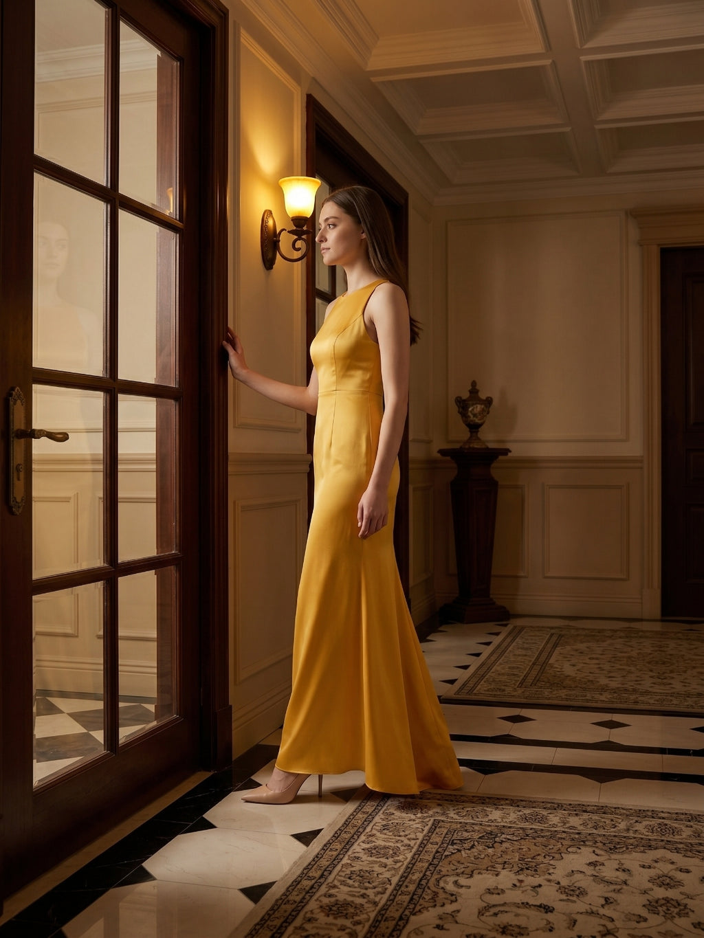 Gold Matte Satin Trumpet Scoop Neck Backless Bridesmaid Dress
