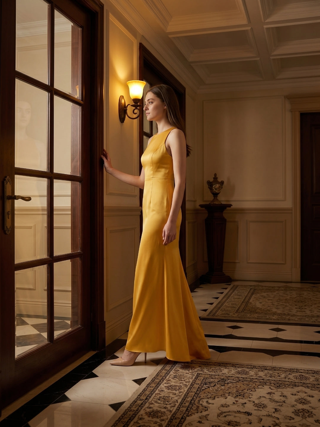 Gold Matte Satin Trumpet Scoop Neck Backless Bridesmaid Dress