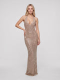 Gold Rhinestone Mesh Sheath Halter neckline Backless Floor-Length Dress