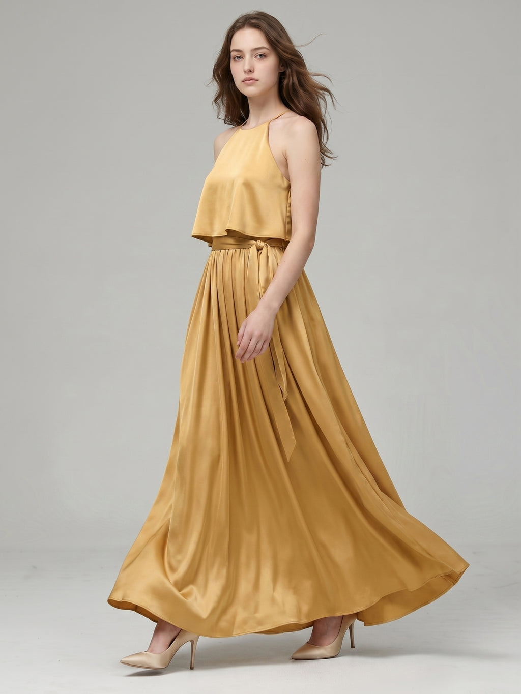Gold Satin A-Line Halter Back Zip Ankle-Length Bridesmaid Dress with Pleats
