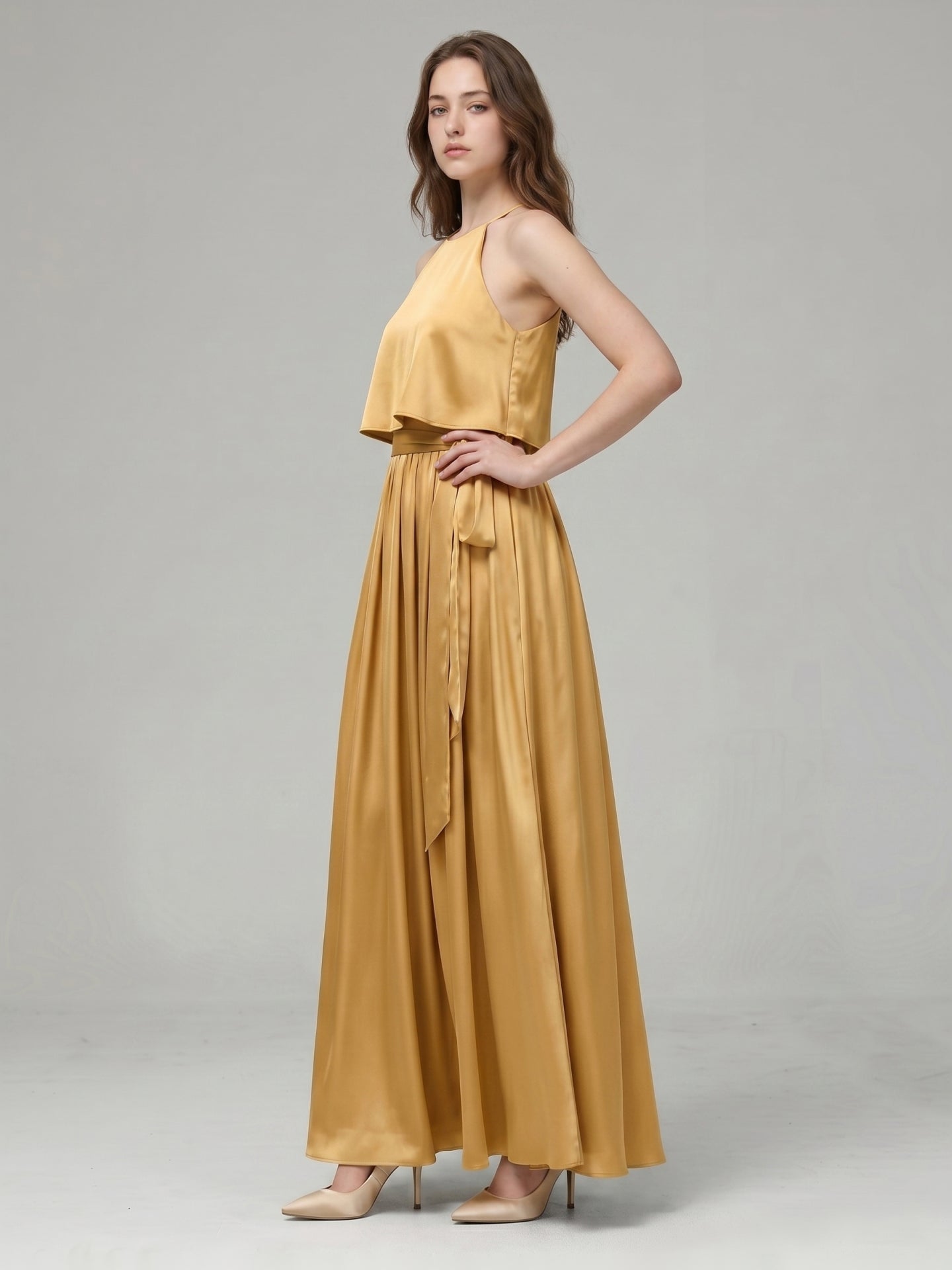 Gold Satin A-Line Halter Back Zip Ankle-Length Bridesmaid Dress with Pleats