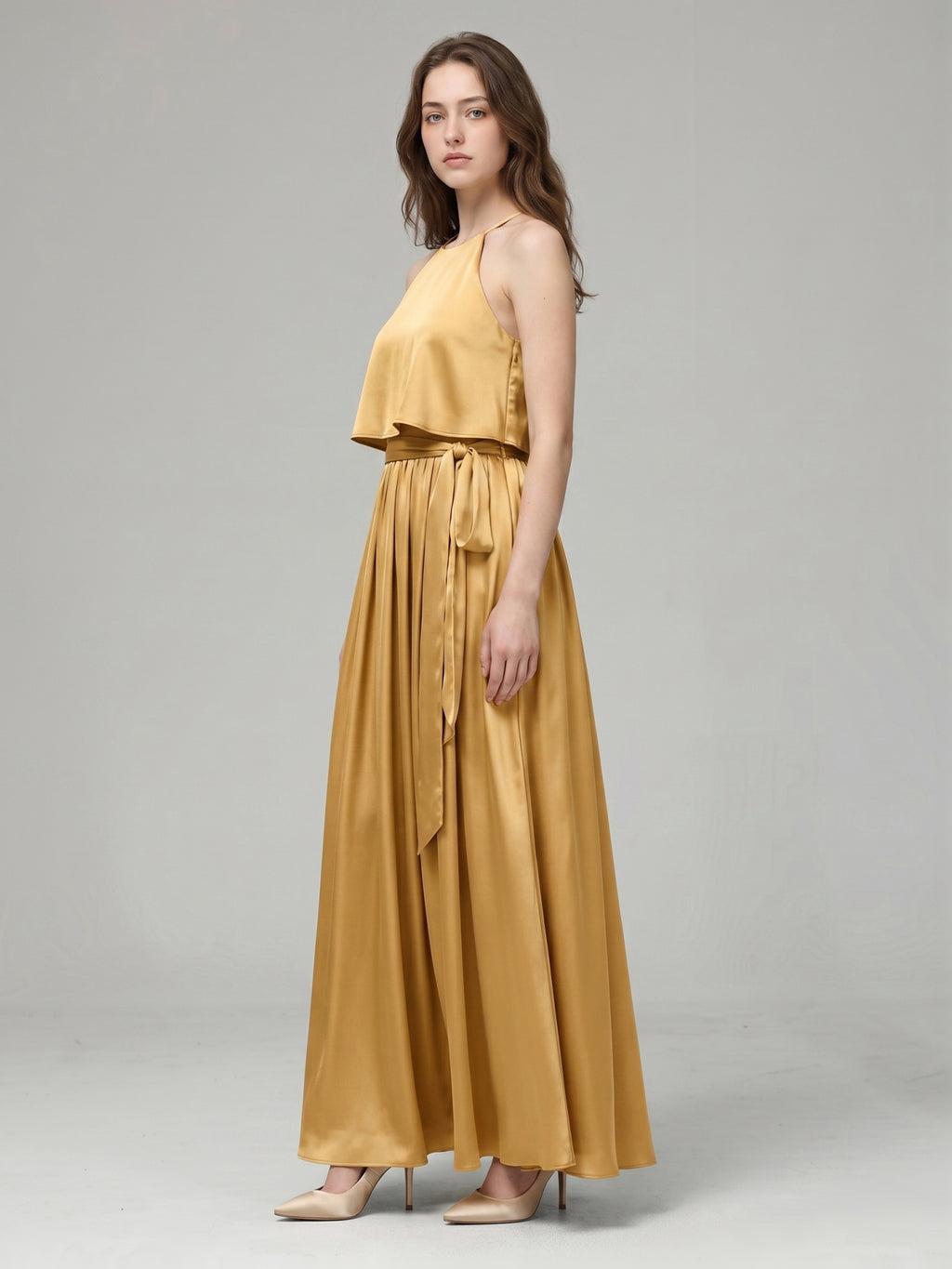 Gold Satin A-Line Halter Back Zip Ankle-Length Bridesmaid Dress with Pleats