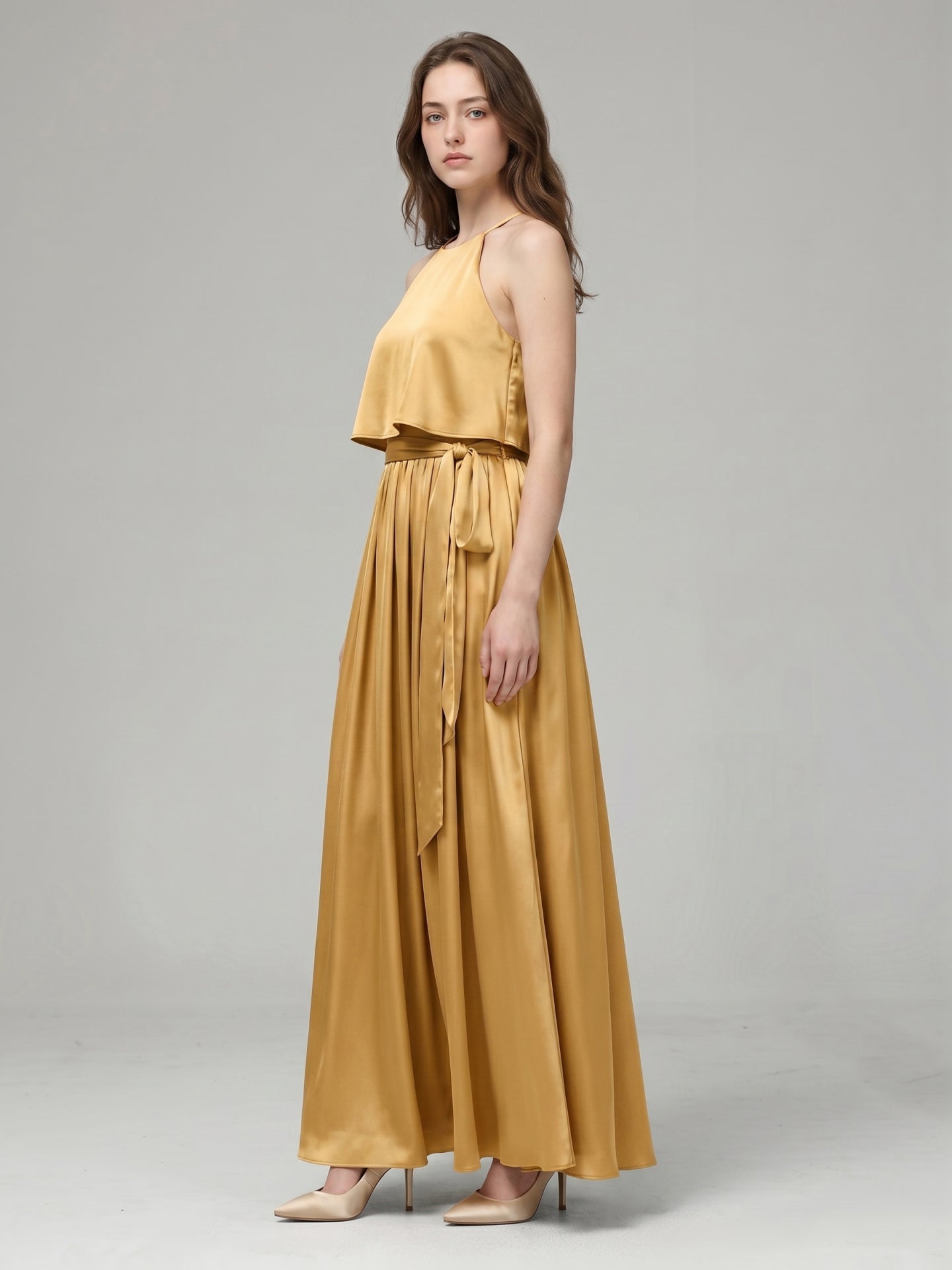 Gold Satin A-Line Halter Back Zip Ankle-Length Bridesmaid Dress with Pleats
