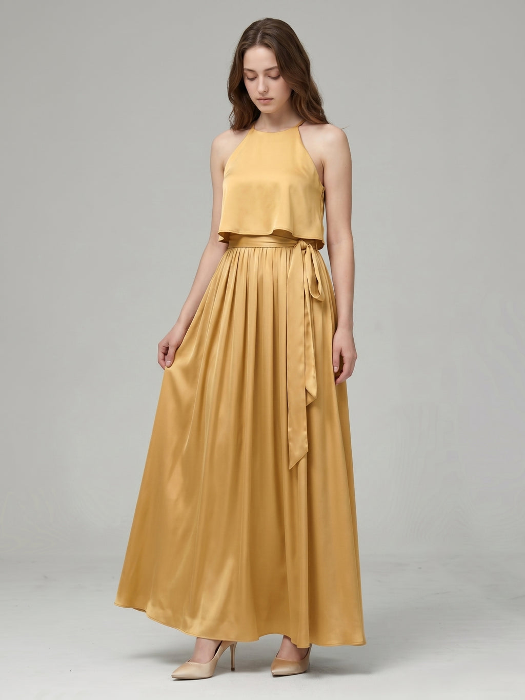 Gold Satin A-Line Halter Back Zip Ankle-Length Bridesmaid Dress with Pleats