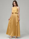 Gold Satin A-Line Halter Back Zip Ankle-Length Bridesmaid Dress with Pleats