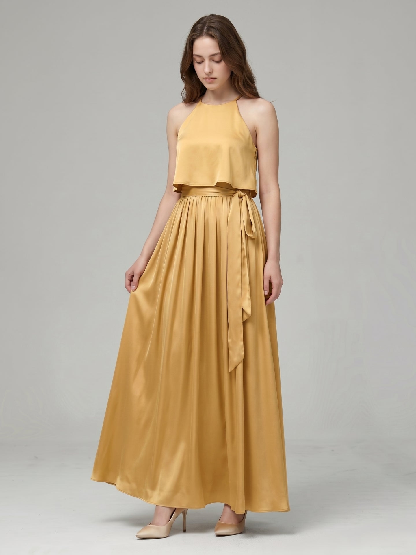 Gold Satin A-Line Halter Back Zip Ankle-Length Bridesmaid Dress with Pleats