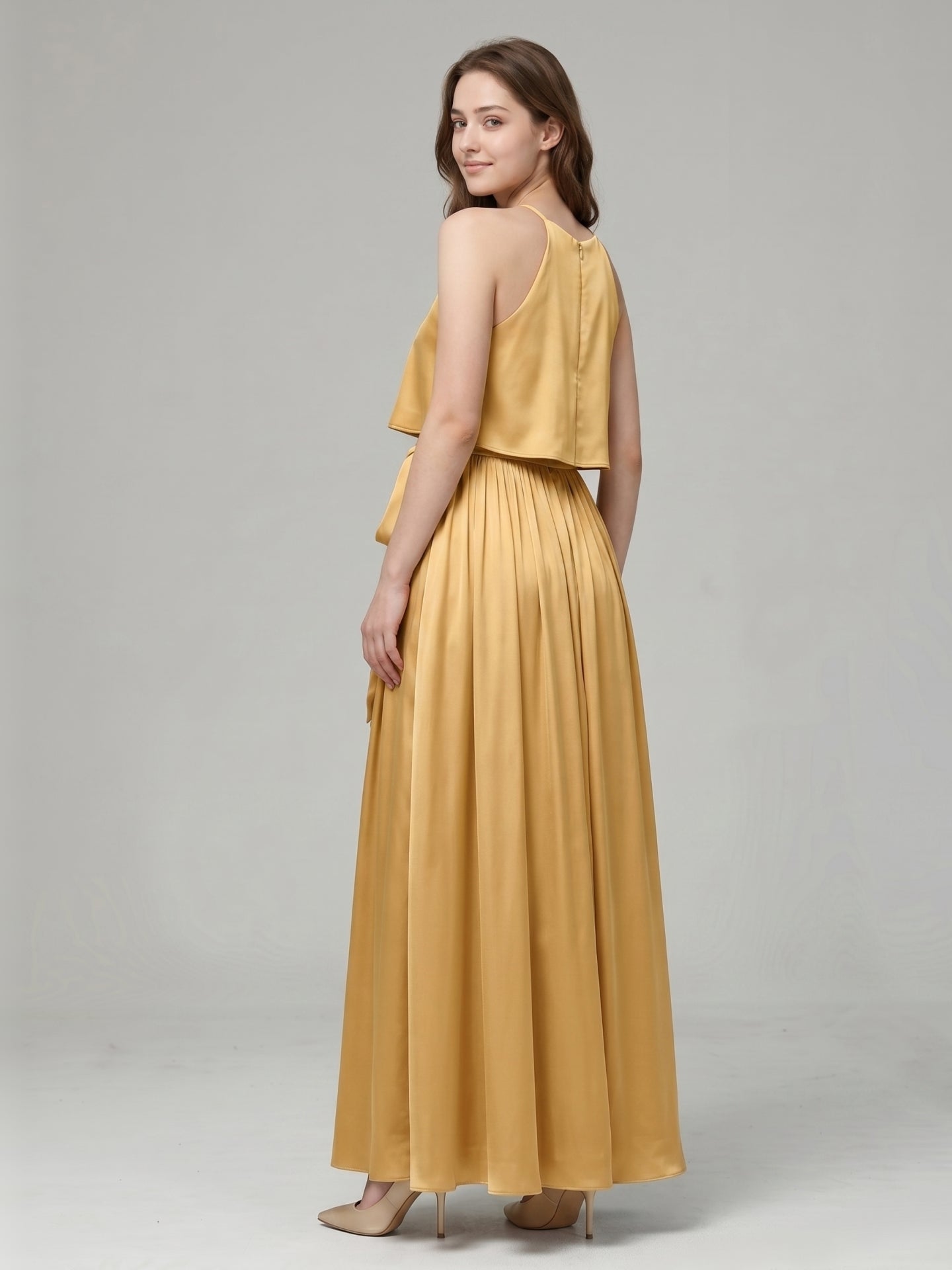 Gold Satin A-Line Halter Back Zip Ankle-Length Bridesmaid Dress with Pleats
