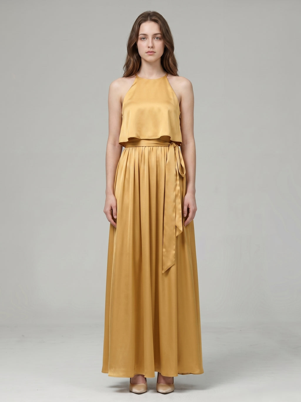 Gold Satin A-Line Halter Back Zip Ankle-Length Bridesmaid Dress with Pleats