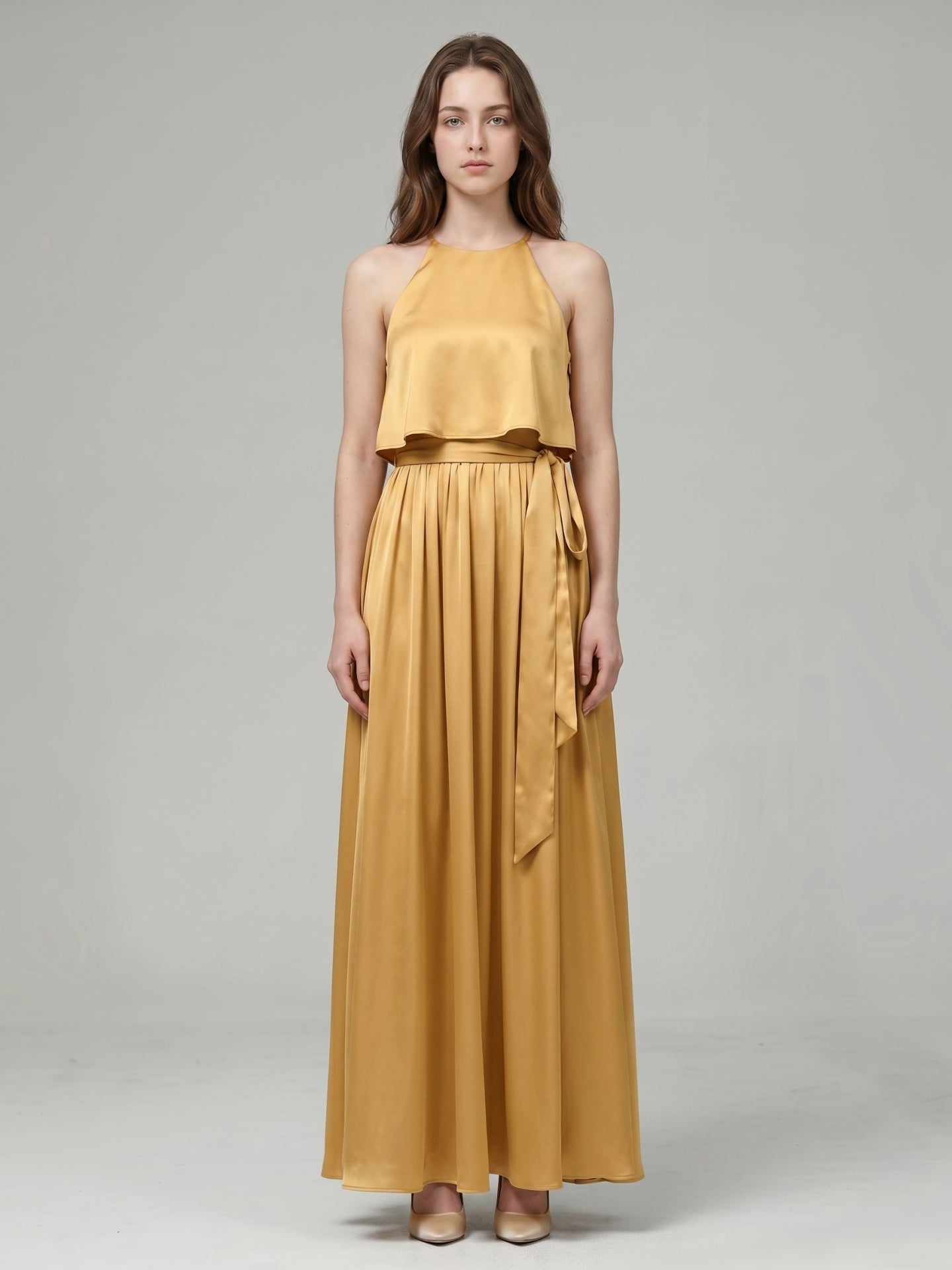 Gold Satin A-Line Halter Back Zip Ankle-Length Bridesmaid Dress with Pleats