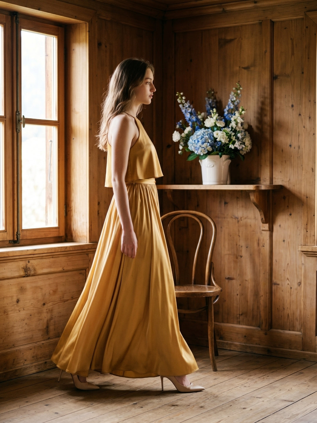 Gold Satin A-Line Halter Back Zip Ankle-Length Bridesmaid Dress with Pleats