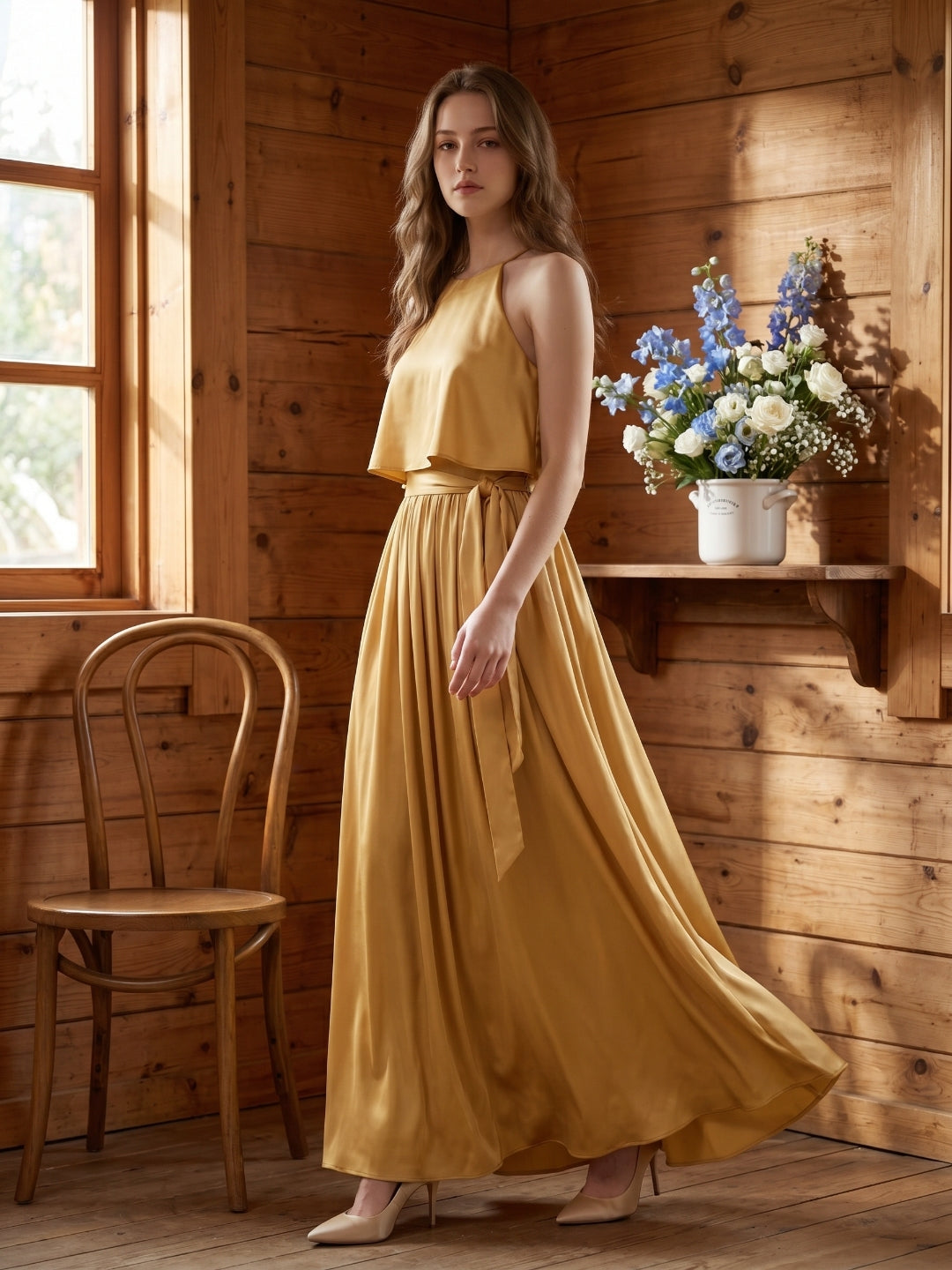 Gold Satin A-Line Halter Back Zip Ankle-Length Bridesmaid Dress with Pleats