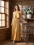 Gold Satin A-Line Halter Back Zip Ankle-Length Bridesmaid Dress with Pleats